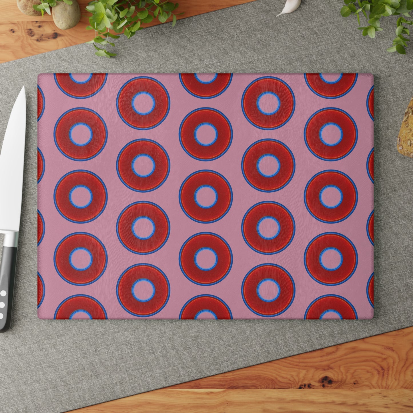 My Friend's Cutting Board - vivid red donuts w/pale magenta background