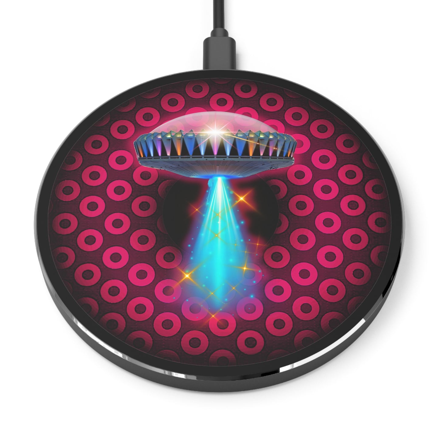 The Flow - Wireless Lumpy Donut Chargers - "They Have Wireless Charging on the Mothership Now" - paradoxical burgundy/red donut w/black background - variant 2