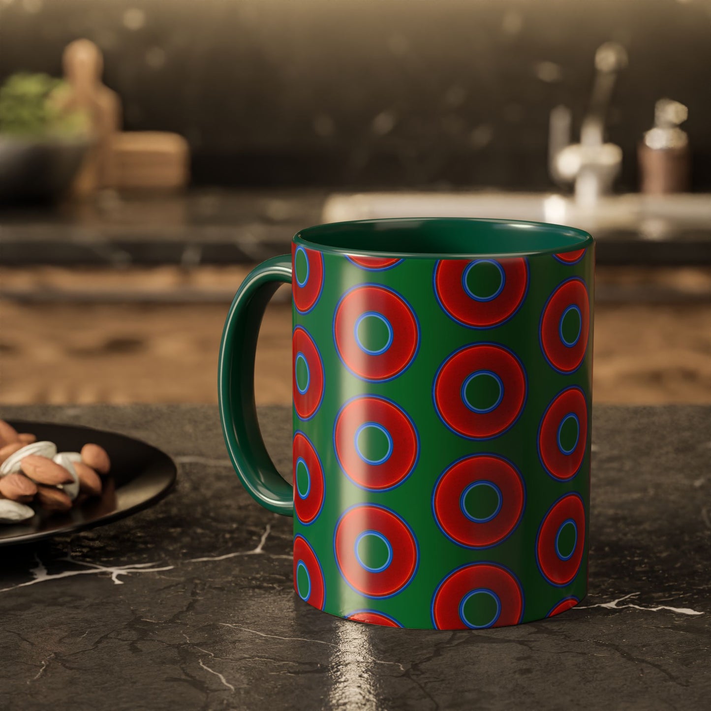 Lump's Grumpy Coffee Mug - vivid red donuts w/green background