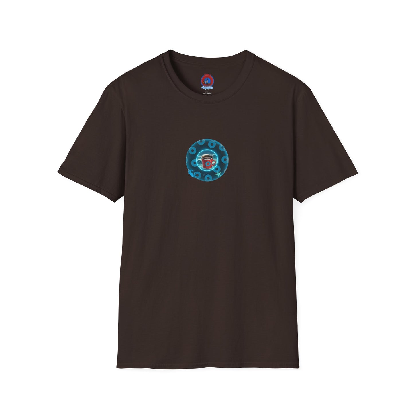 Lumpy Coffee Traders Tee - Unisex Soft-Style - "Good to Last Leaky Drop" - paradoxical donut - variant 2 - ocean donut front/logo back