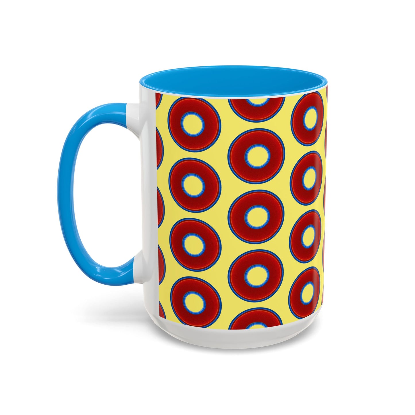 Lump's Grumpy Coffee Mug - vivid red donuts w/yellow background