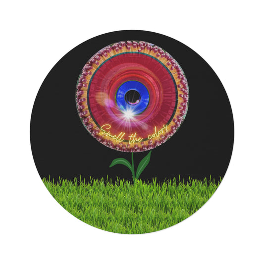 Round Room - 5 ft x 5 ft Lumpy Donut Rug - "Smell The Donuts Inside On My Rug" - red flour donut w/black background - variant 3