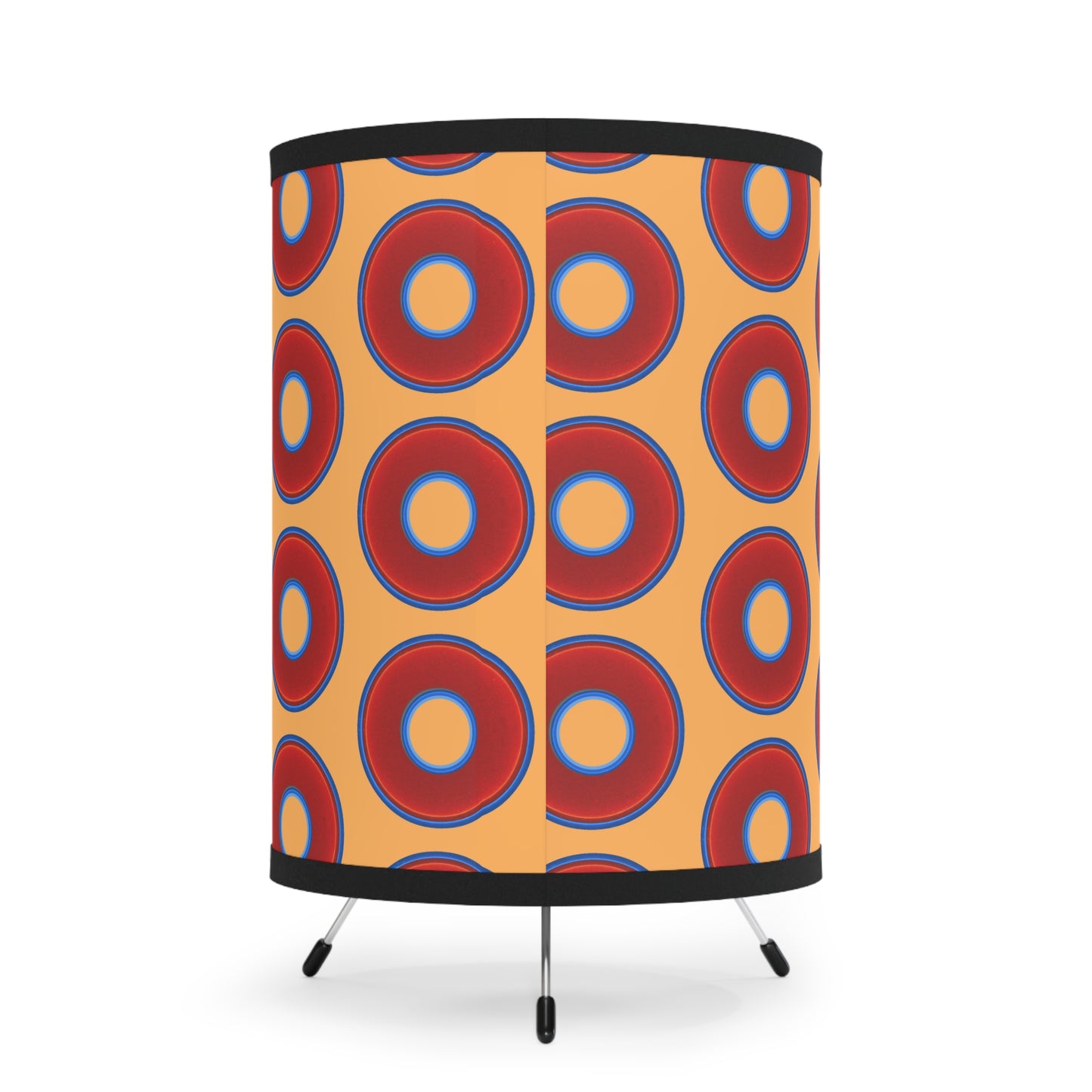 Lumpy Tripod Donut Lamp - vivid red donuts w/creamsicle orange background
