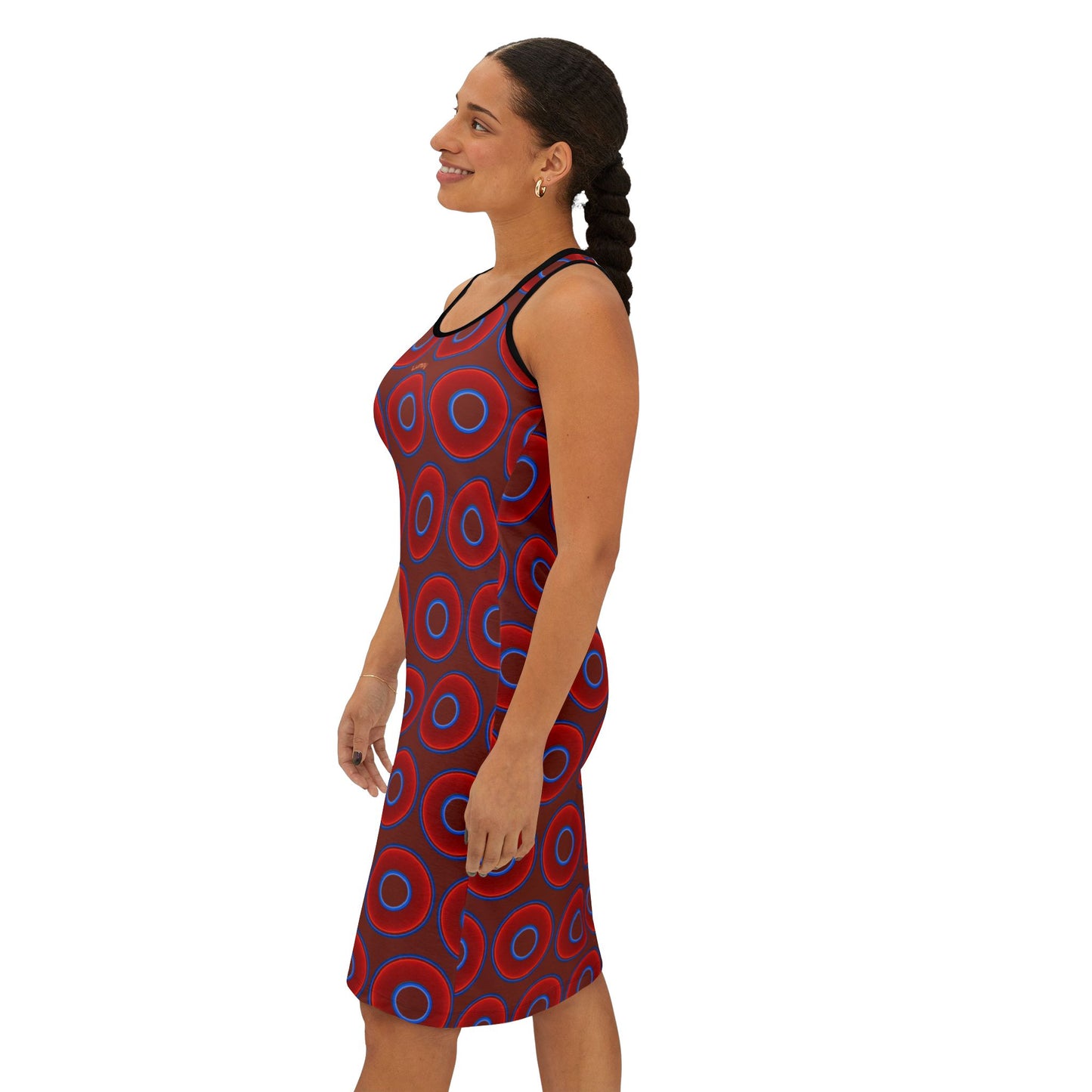 Tela's Lumpy Racerback Donut Dress - red vivid donut print w/burnt umber background