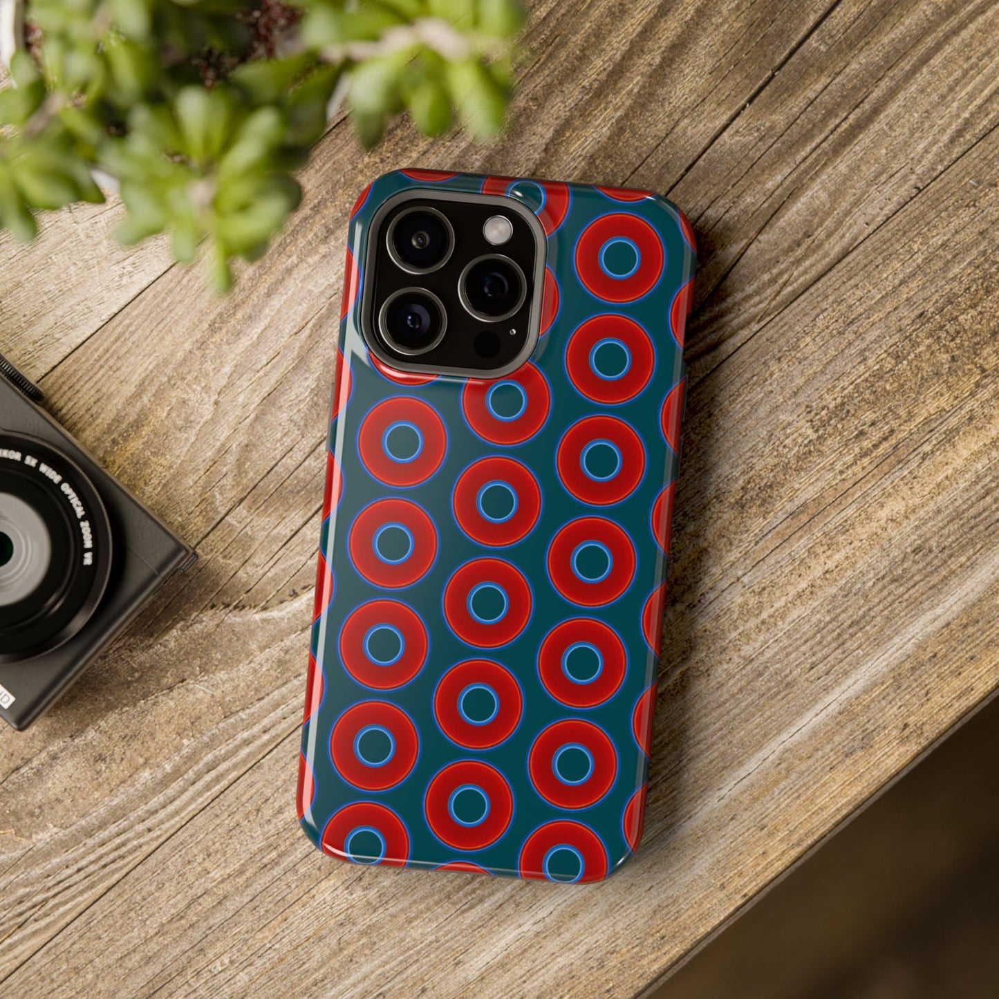 Magnetic Tough Donut Case - red vivid donut print w/midnight green background