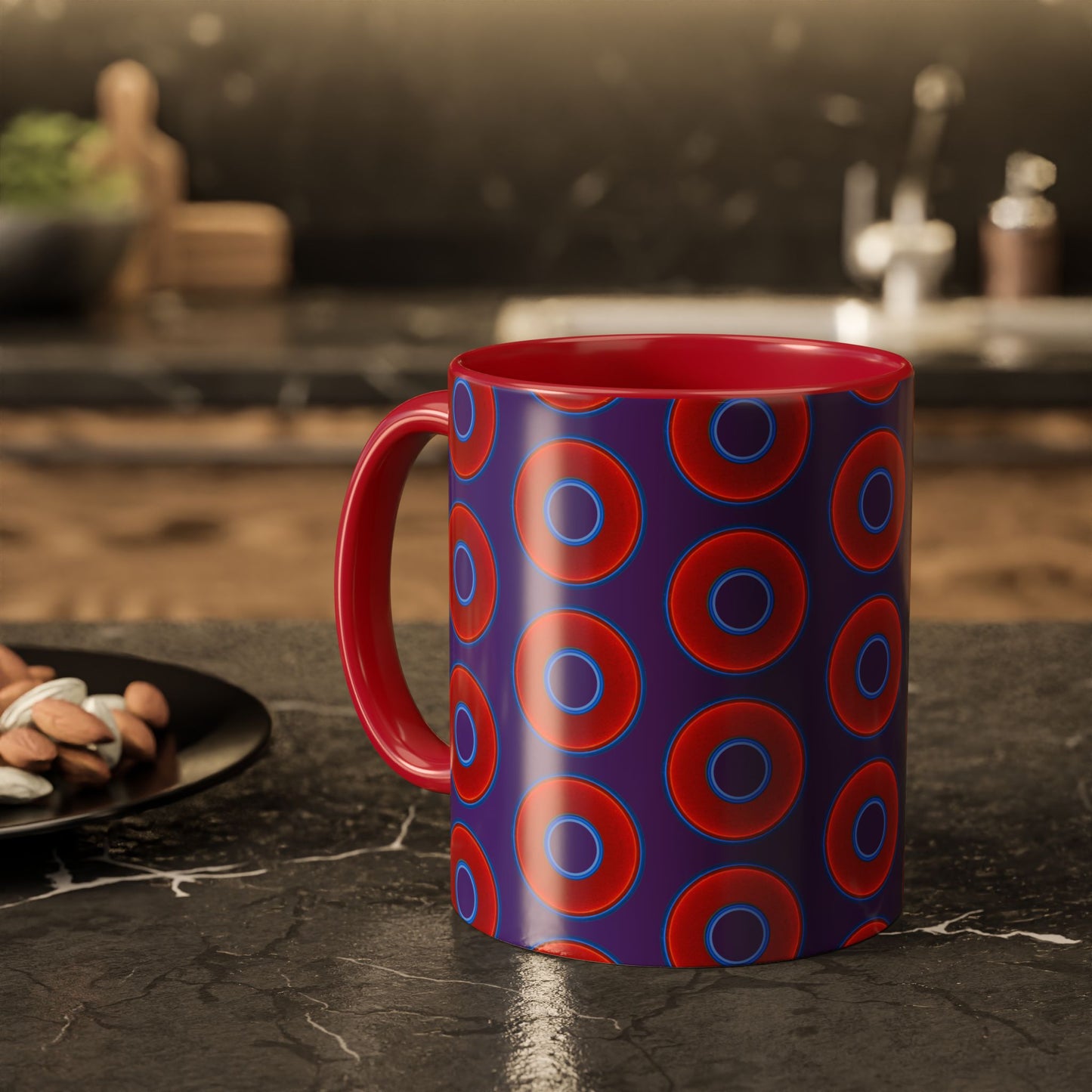 Lump's Grumpy Coffee Mug - vivid red donuts w/purple background