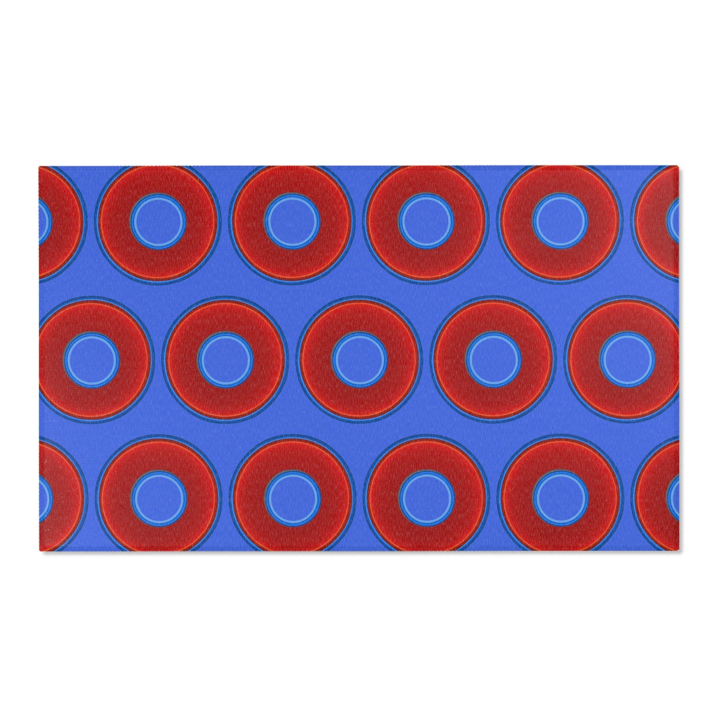 Lumpy Donut Print Rug - choice of 3 sizes - vivid red donut print w/royal blue background