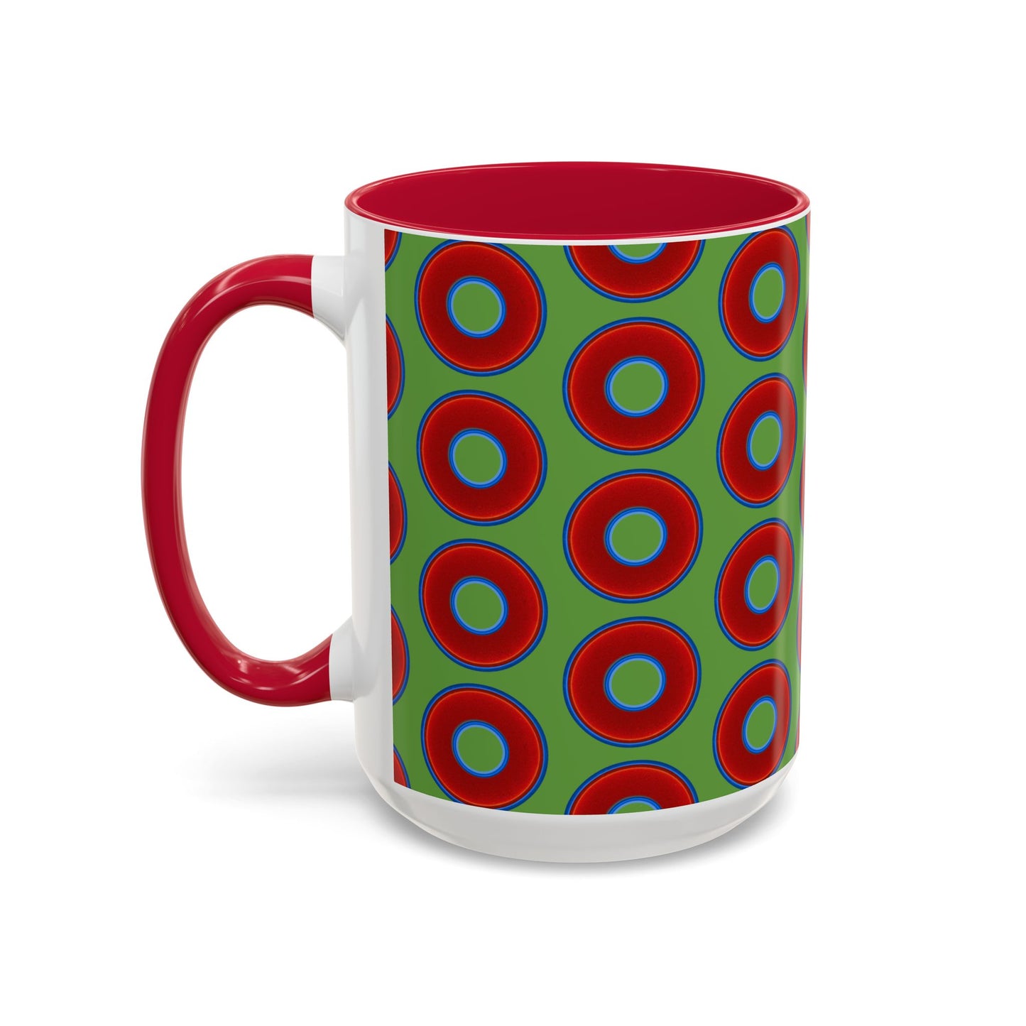 Lump's Grumpy Coffee Mug - vivid red donuts w/light green background
