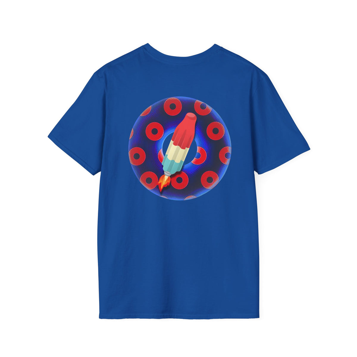 Classic Donut Tee - Unisex Soft-Style - "Blow this Popsicle Stand" - blue/red paradox bomb pop donut - variant 1