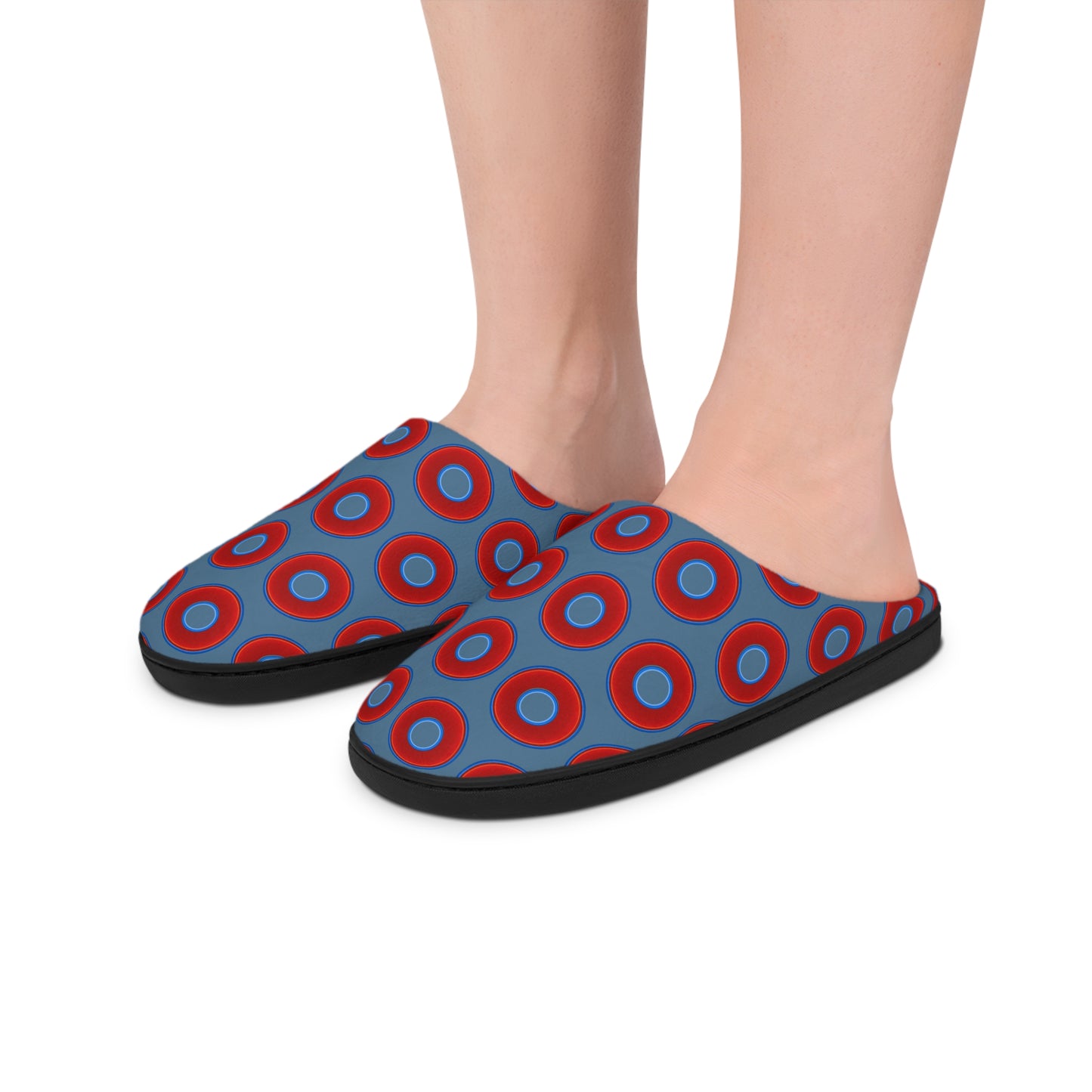 Men's Lumpy Slippers - red vivid donut print w/steel blue background