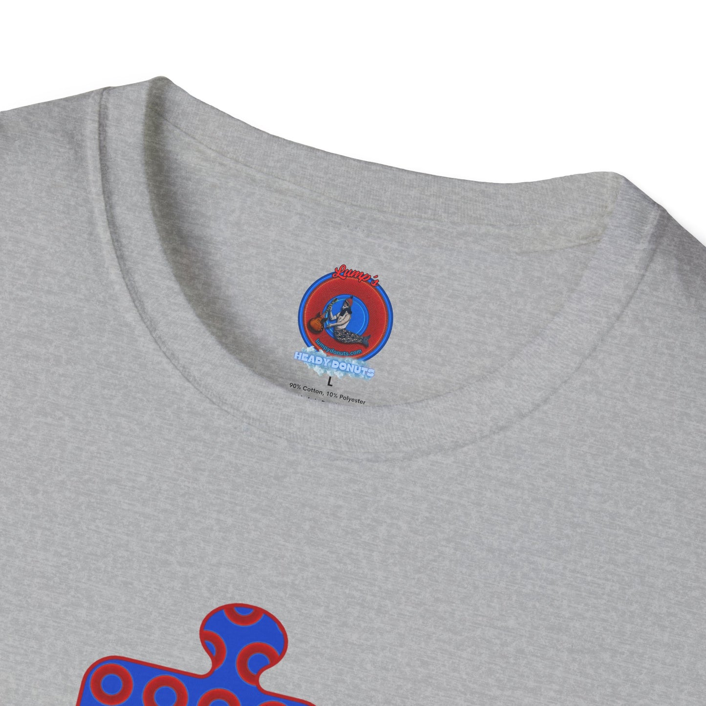Classic Donut Tee - Unisex Soft-Style - "Trey's Completed Donut Pattern" - vivid red/blue puzzle pattern - variant 2