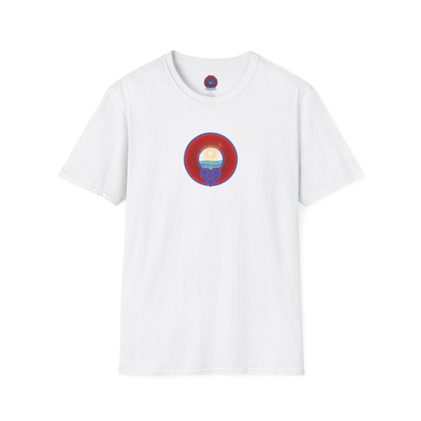 Classic Donut Tee - Unisex Soft-Style - "Ocean Donuts of Love" - vivid red donut - w/sun - variant 2