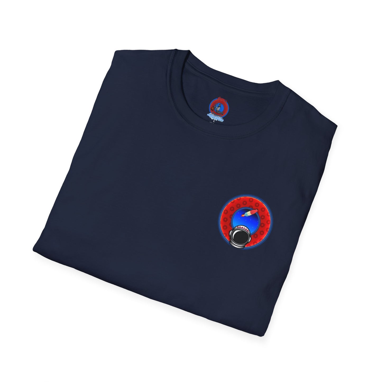 Classic Donut Tee - Unisex Soft-Style - "This is What Donuts Smell Like in Space - YEMSG Donut" - red/blue widemouthed paradox donut