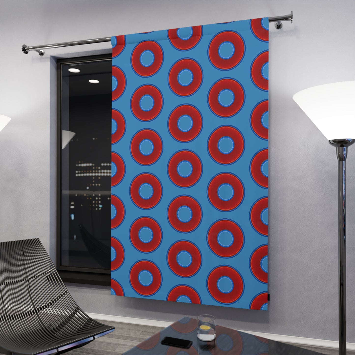Lump's Heady Curtain w/Donuts - vivid red donut print - w/light steel blue - [*1 Piece / 50" x 84"]