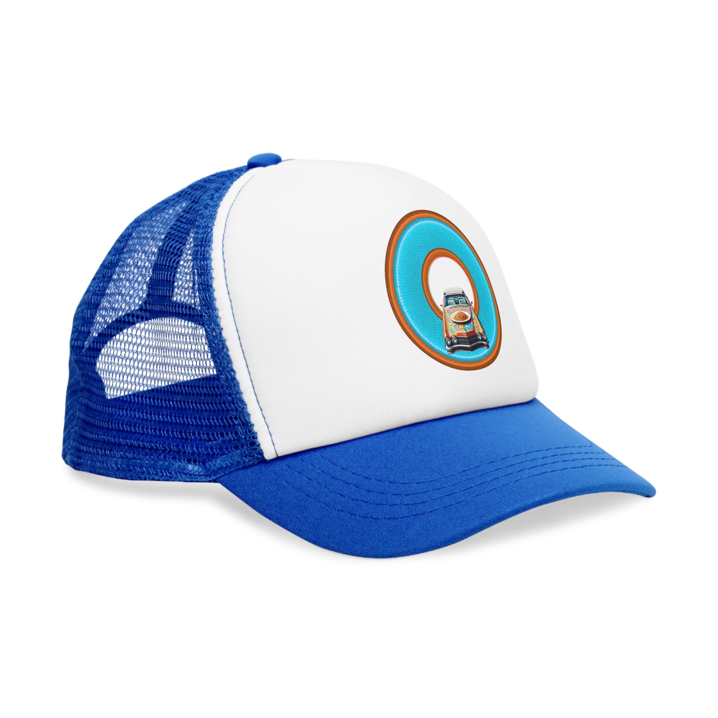 Lumpy Trucker Hat - "Cadillac Rainbows & Eating on the Run" - variant 3 - turquoise/orange donut
