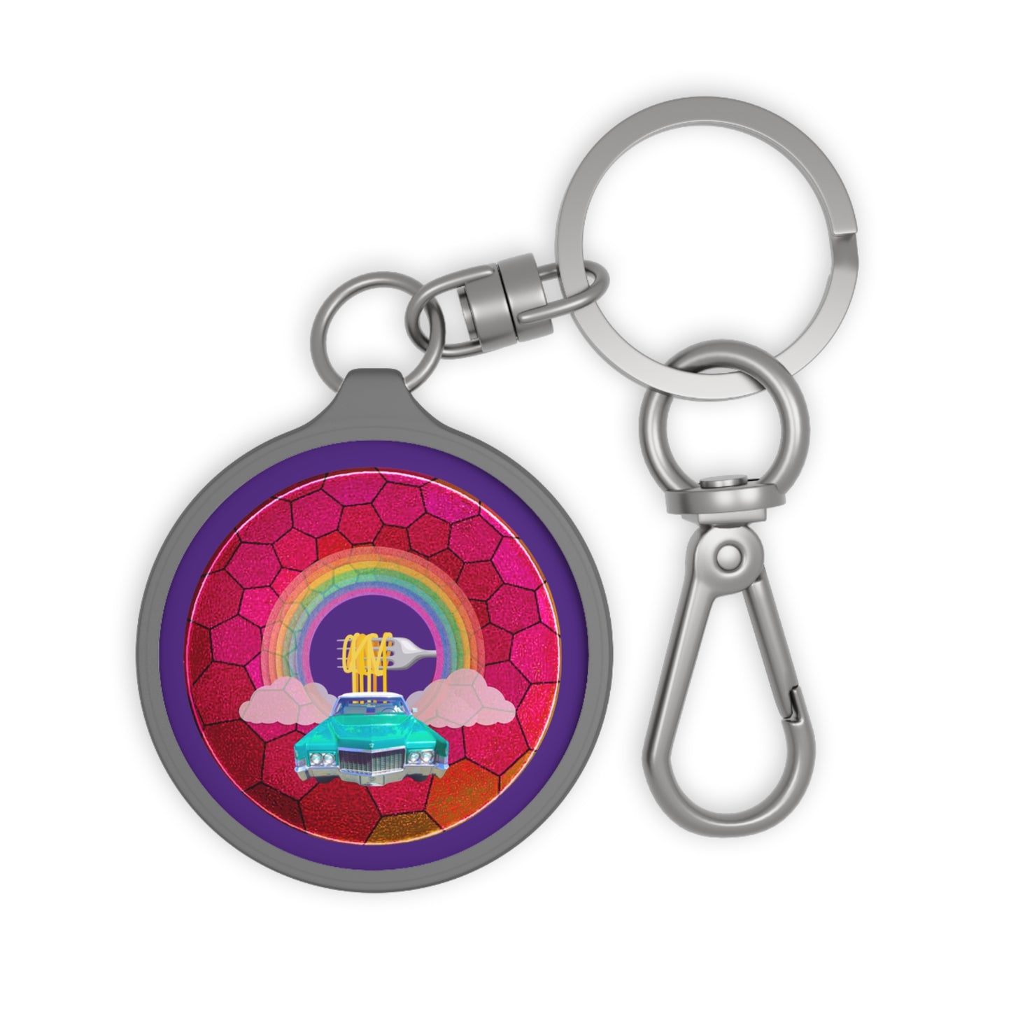 Lumpy Donut Keychain - "Spaghetti Incident in my Caddy" - series 1.0 - variant 1 - magenta hexadonut - w/green Caddy