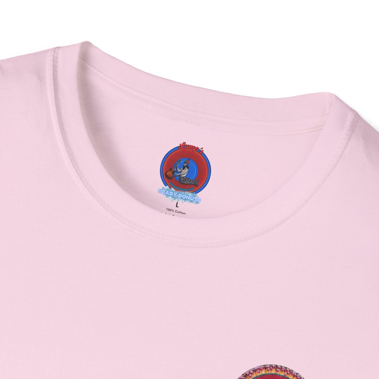 Classic Donut Tee - Unisex Soft-Style - "Smell the Donuts Outside on my Lawn"  " variant 2 - blue donut on red donut/flower