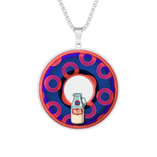 Lump's Heady Donut Necklace - 1" x 1" Stainless Steel Pendant - "Wooked Cream Dairy - YEMSG Donut" - dark blue/red rustic paradox donut - variant 2