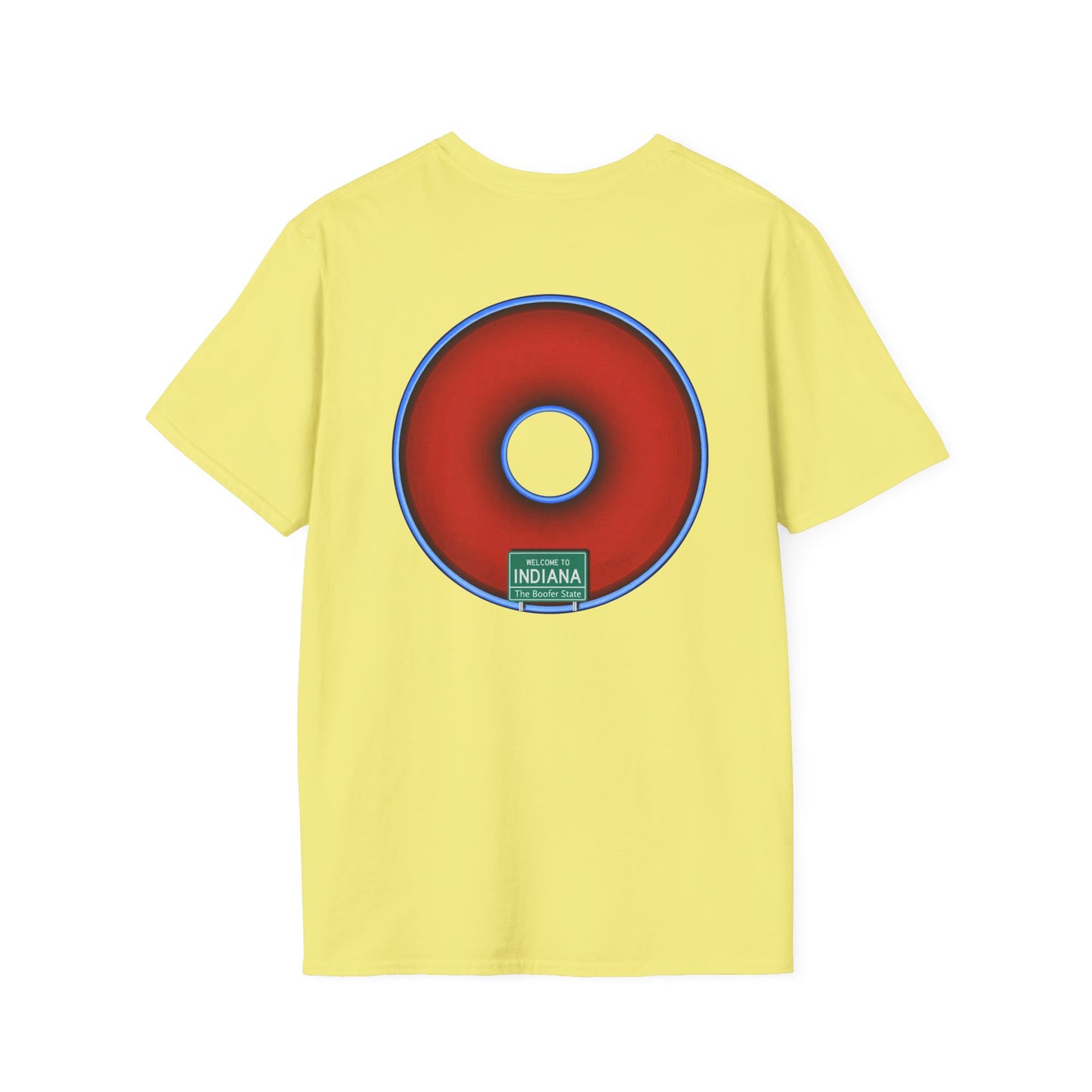Classic Donut Tee - Unisex Soft-Style - "Indiana is for Boofers" - vivid red/blue plumpy donut - variant 3 - plain
