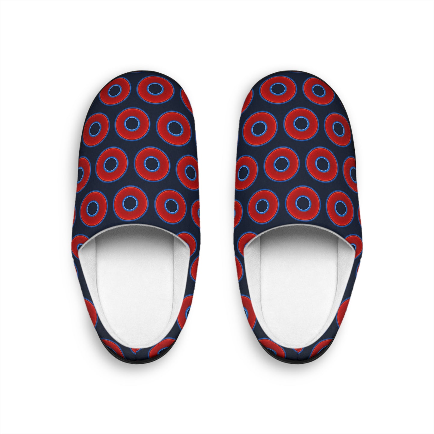Men's Lumpy Slippers - red vivid donut print w/dark teal elite blue background