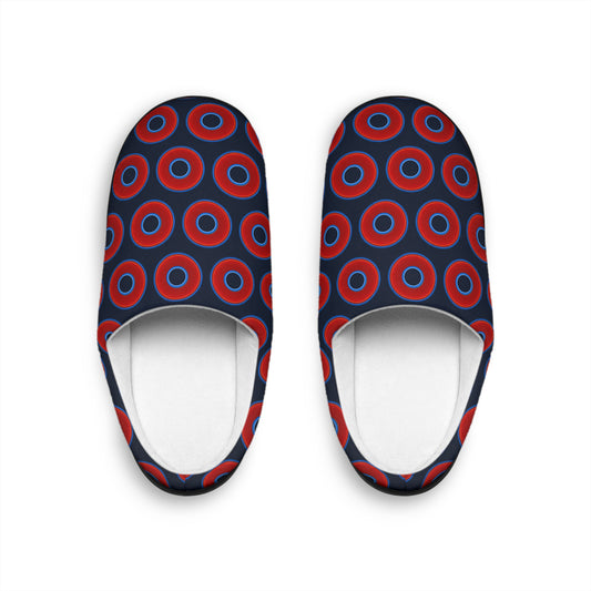 Men's Lumpy Slippers - red vivid donut print w/dark teal elite blue background