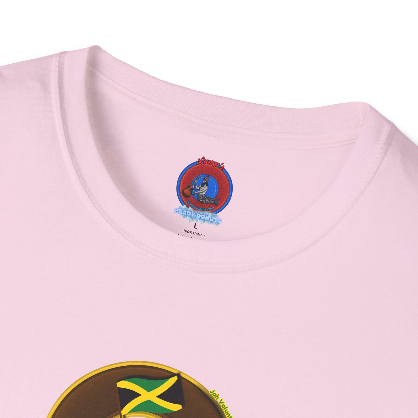 Classic Donut Tee - Unisex Soft-Style - "Jah Volunteers Protect Jah Love... and donuts!" - vivid brown/gold donut
