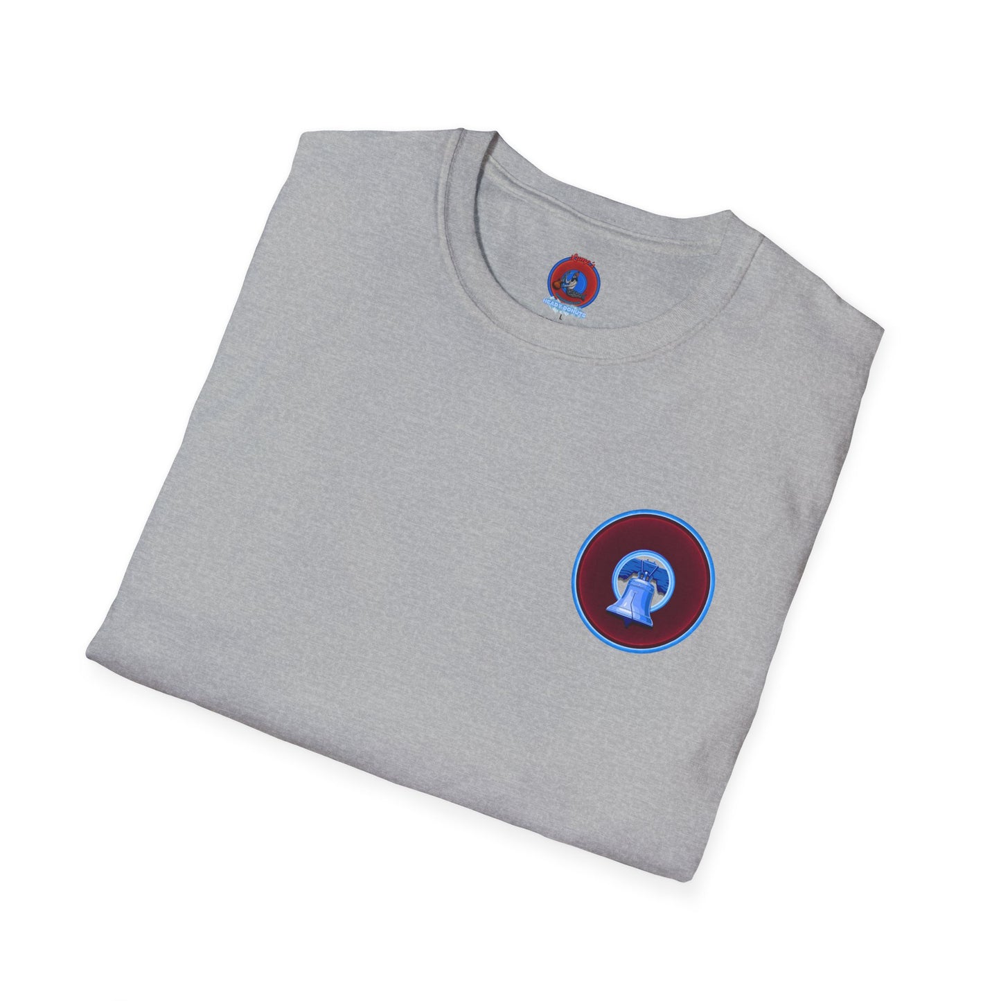 Classic Donut Tee - Unisex Soft-Style - "Brotherly Donuts Jawn" - vivid dark purple-red/light blue donut