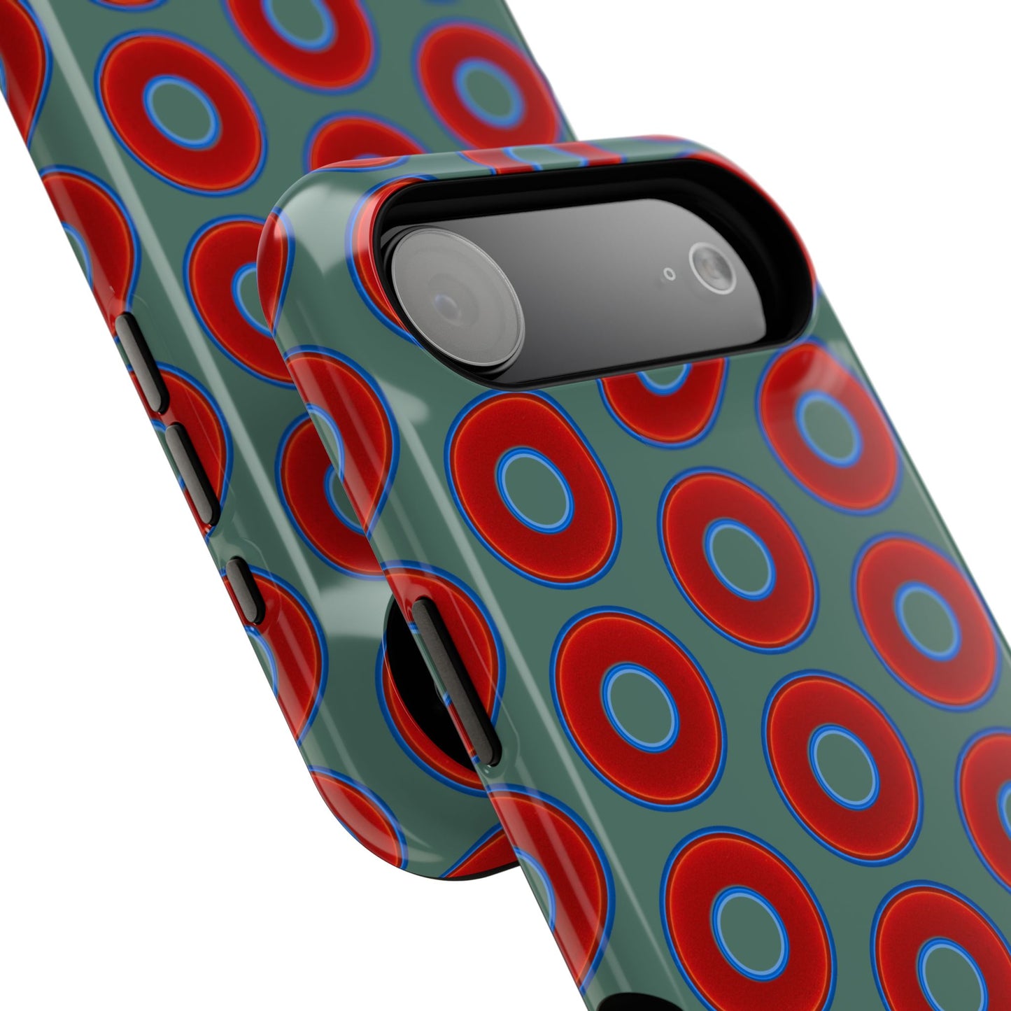 Impact-Resistant Lumpy Donut Case - red vivid donut print w/Fenway green background