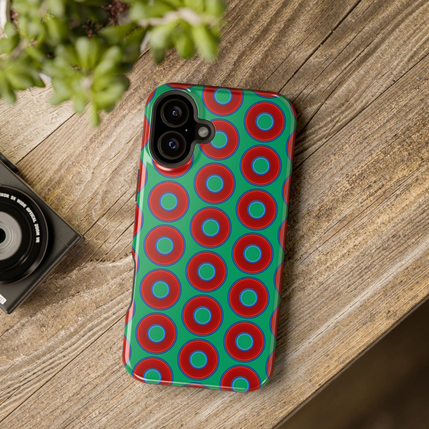 Magnetic Tough Donut Case - red vivid donut print w/jade green background