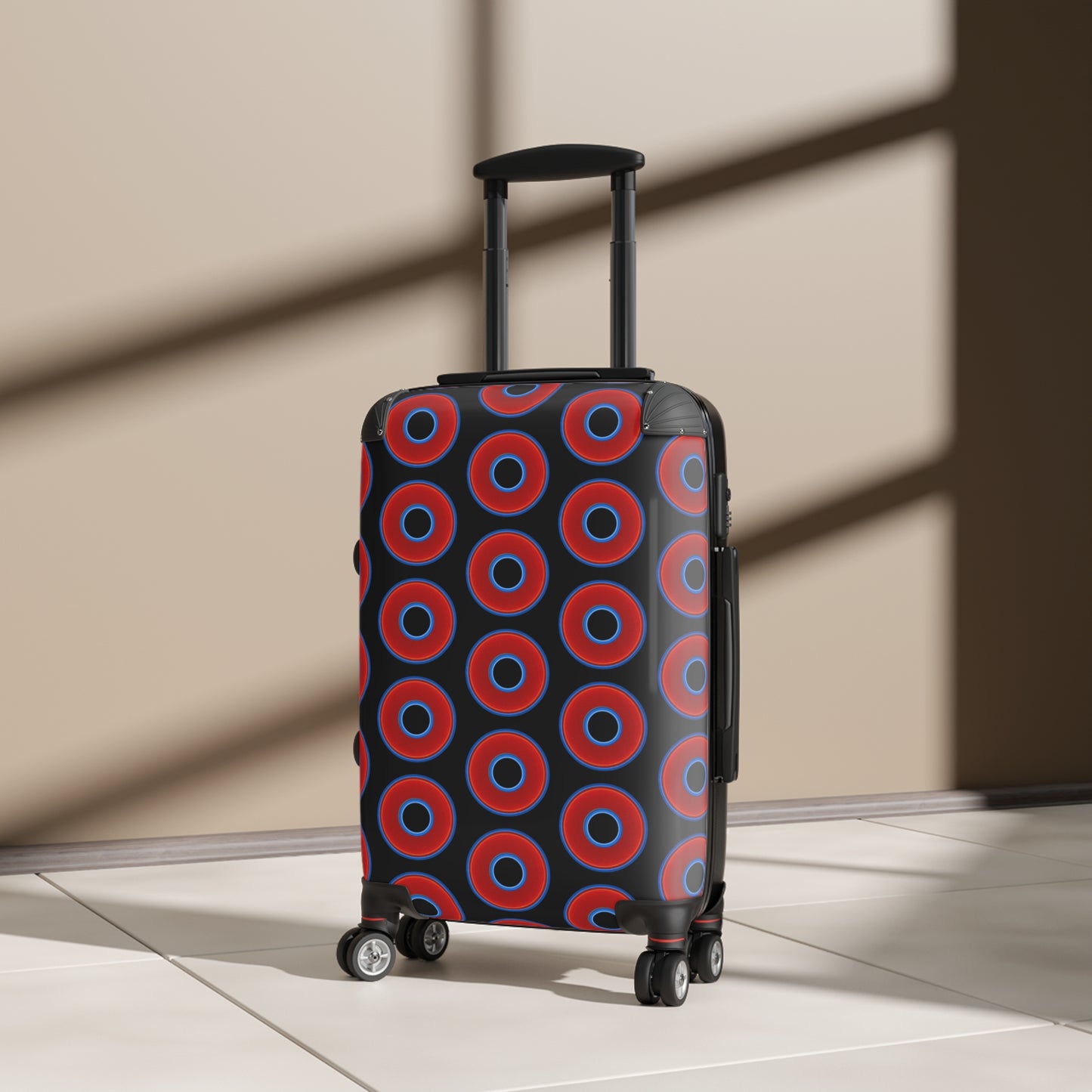 The Very Lumpy Donut Suitcase series - your choice of S, M or L - vivid red donut print w/black background