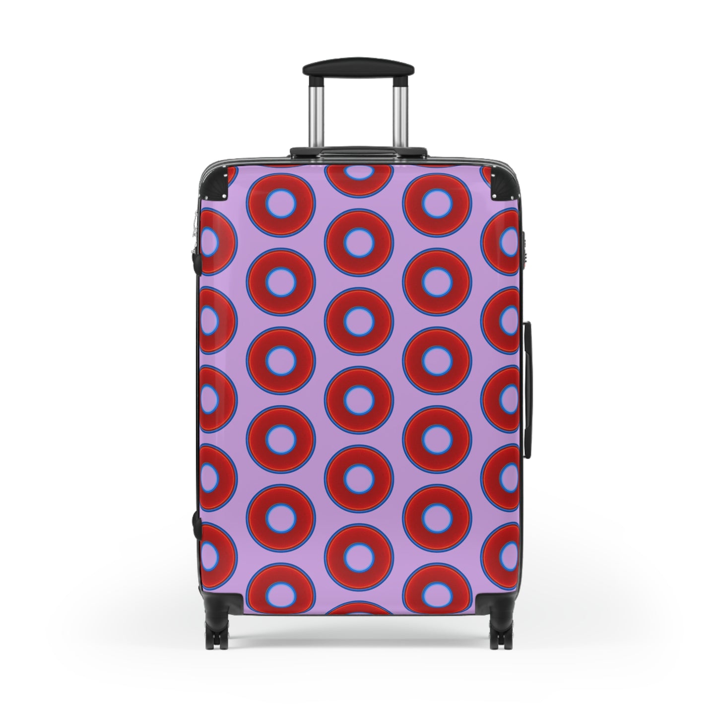 The Very Lumpy Donut Suitcase series - your choice of S, M or L - vivid red donut print w/wisteria purple background