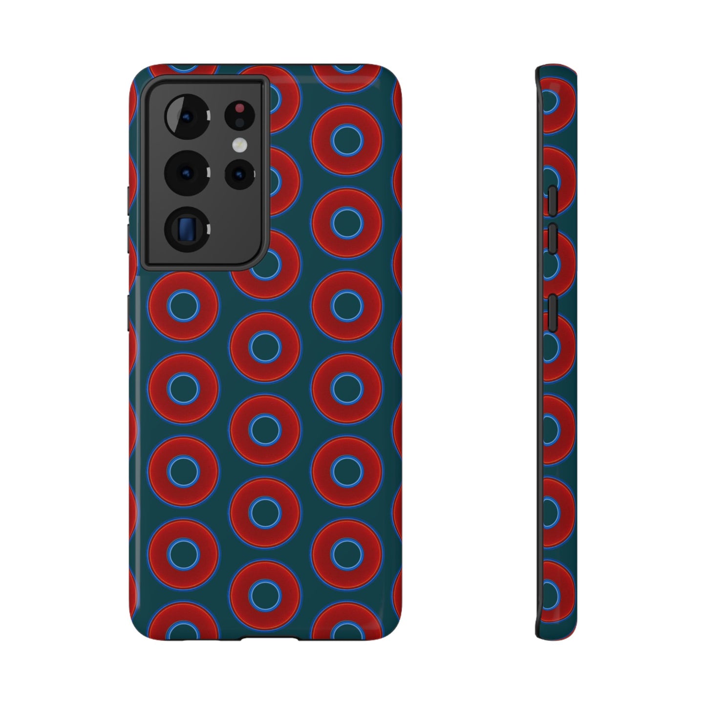 Impact-Resistant Lumpy Donut Case - red vivid donut print w/midnight green background