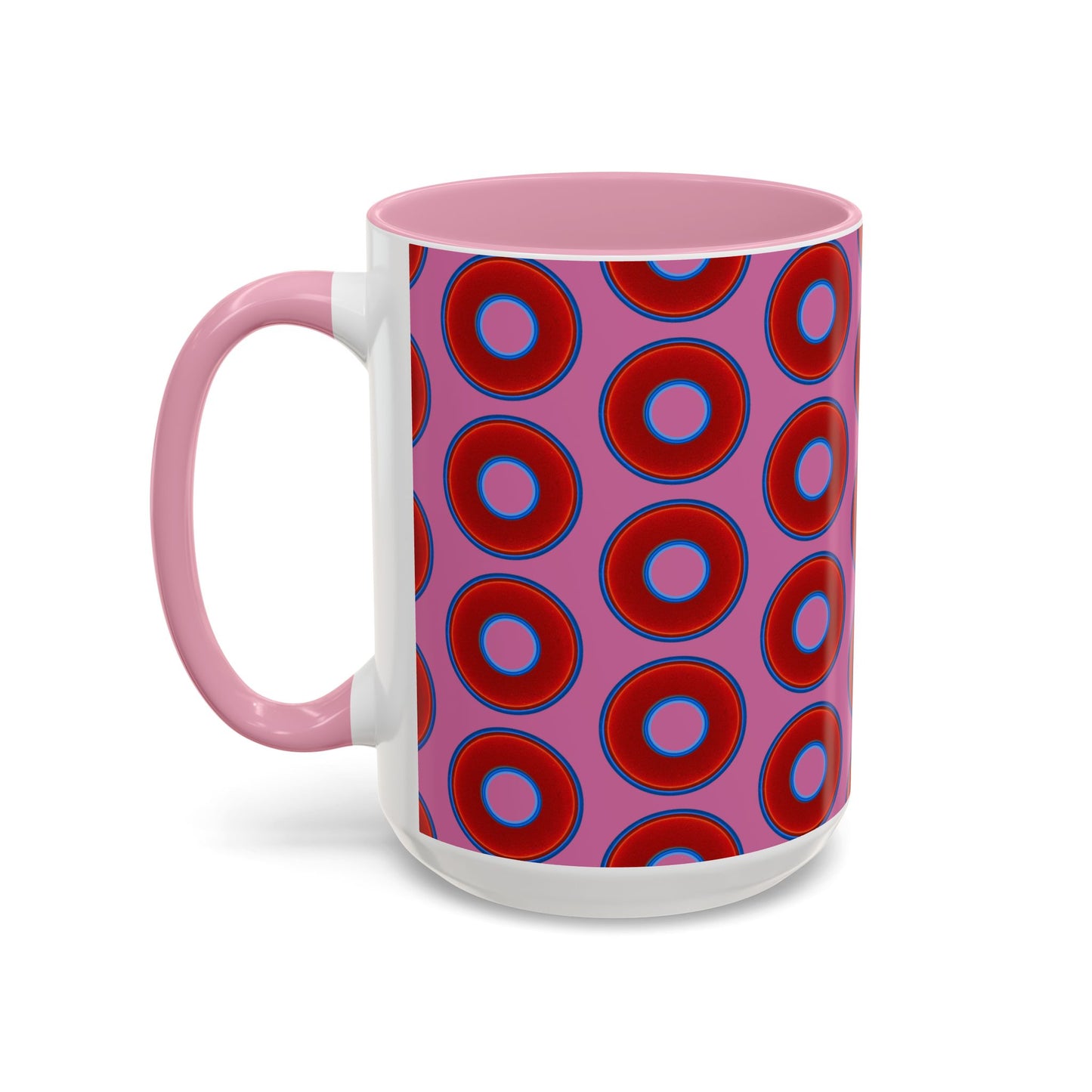Lump's Grumpy Coffee Mug - vivid red donuts w/pink background
