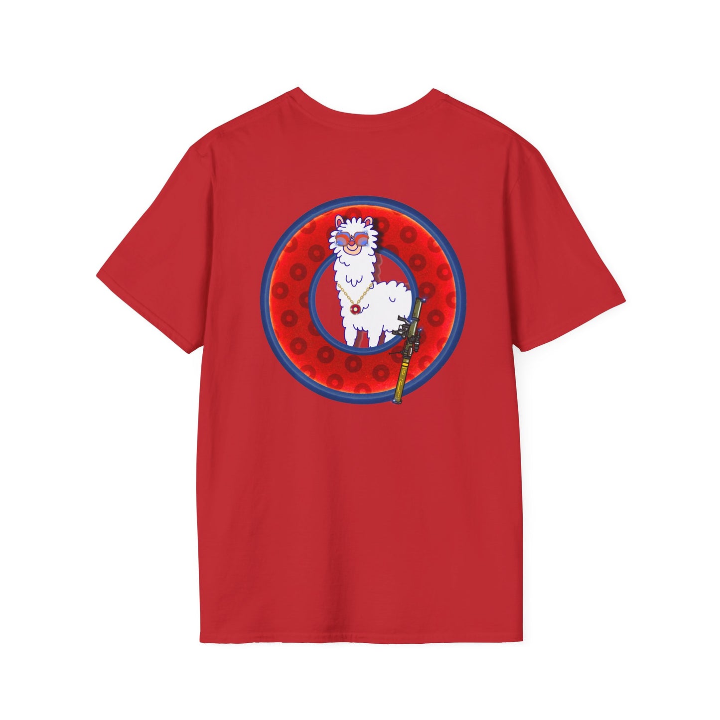Classic Donut Tee - Unisex Soft-Style - "Medium Paced Llama Donut" - red/blue widemouthed paradox donut
