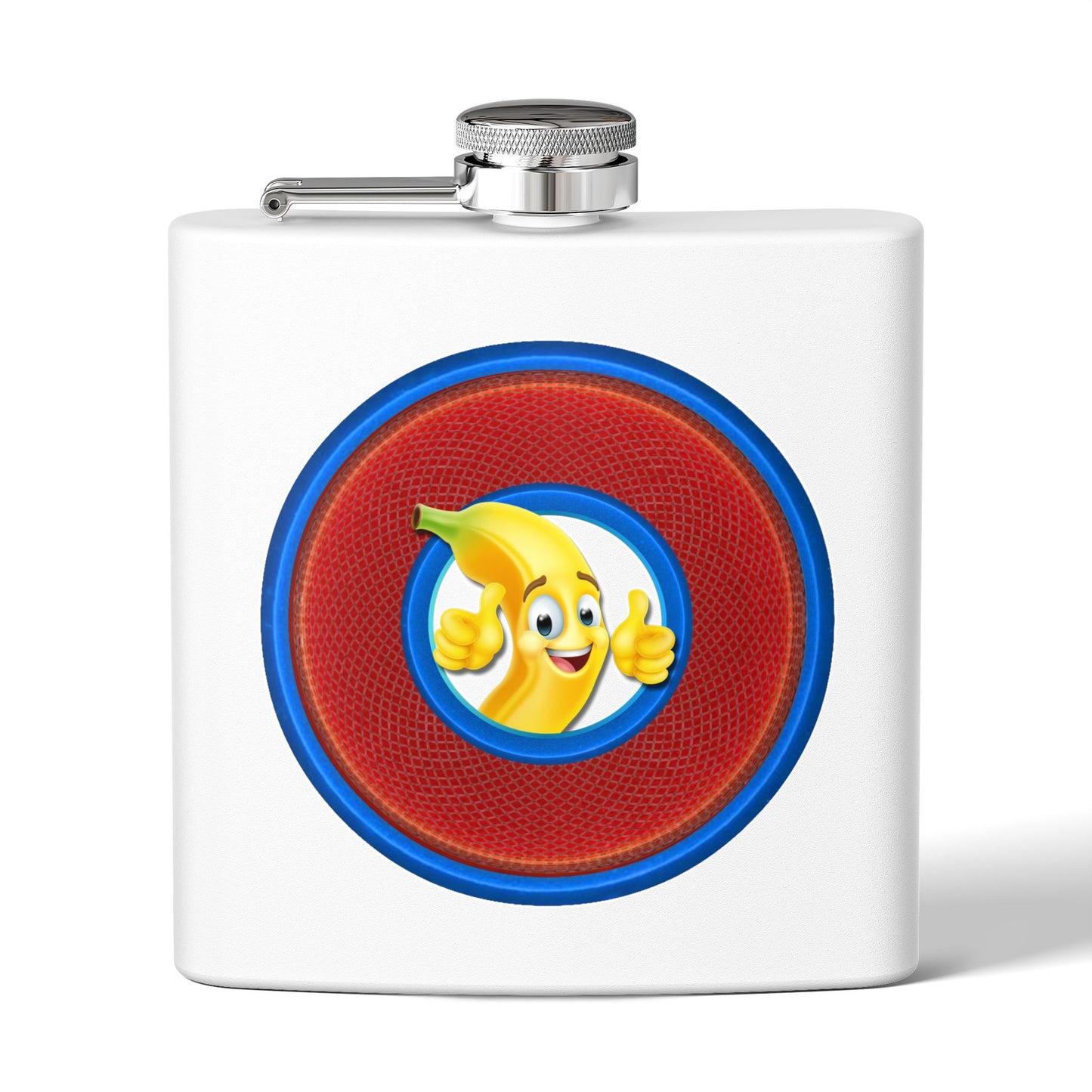 Lump's Donut Flask 6 oz -  "This Flask is Bananas" - red/blue rustic donut - [*w/your choice of 6 backgrounds]