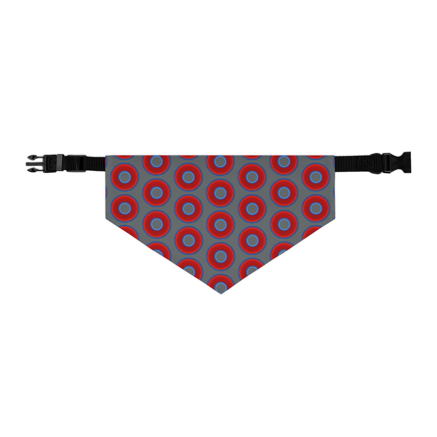 Jim's Lumpy Bandana Pet Collar - vivid red donuts w/dark gray background