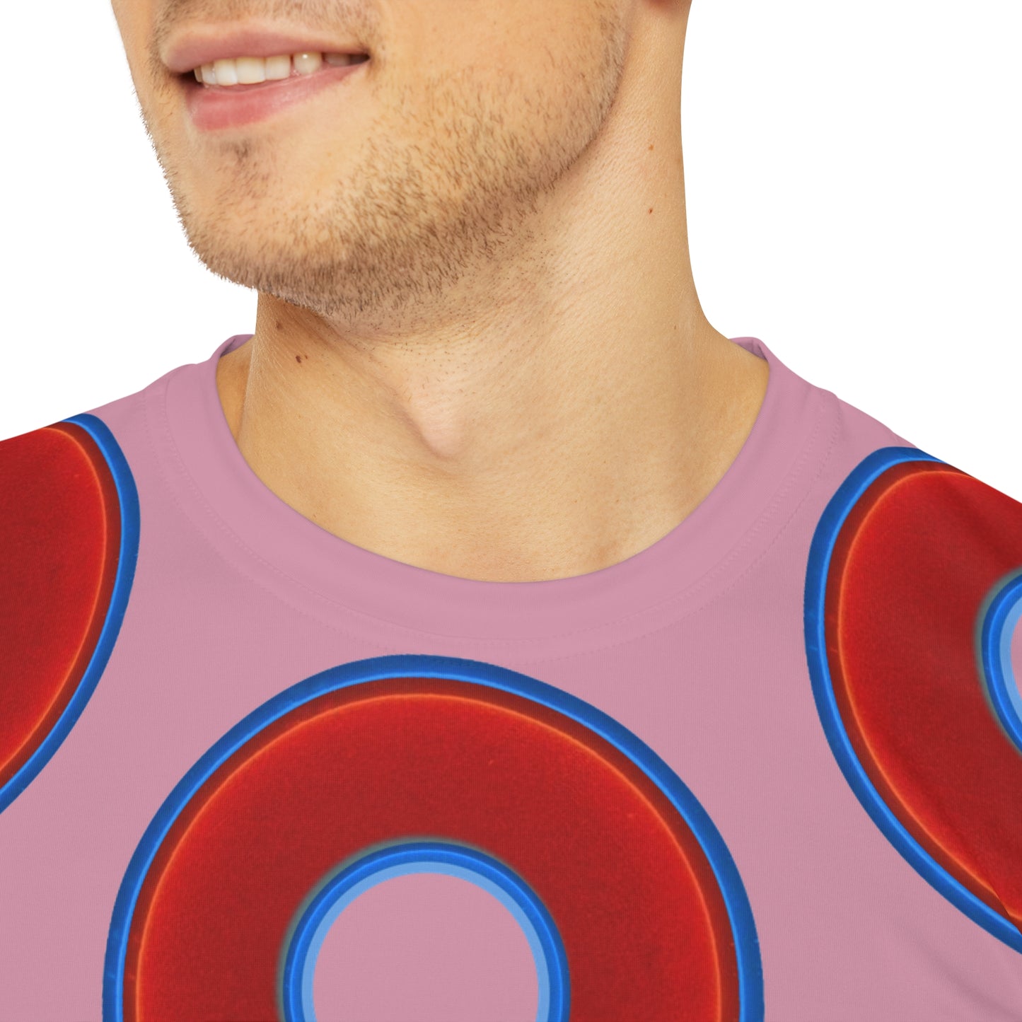 Multi-Beastie Giant Donut AOP Polyester Tee - red vivid donut print w/pale magenta background