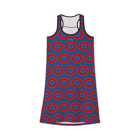 Tela's Lumpy Racerback Donut Dress - red vivid donut print w/light navy blue background