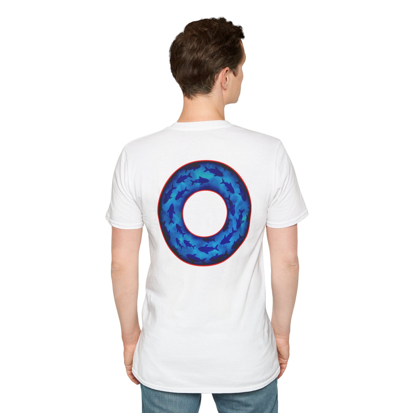 Classic Donut Tee - Unisex Soft-Style - "Skoolie of Phishies" - vivid sea donut - w/darker blue water - variant 2
