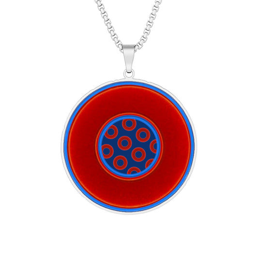 Lump's Heady Donut Necklace - 1" x 1" Stainless Steel Pendant - "Plain Vivid Donut w/Donut Print Background" - navy blue pattern & vivid red/blue donut - variant 2
