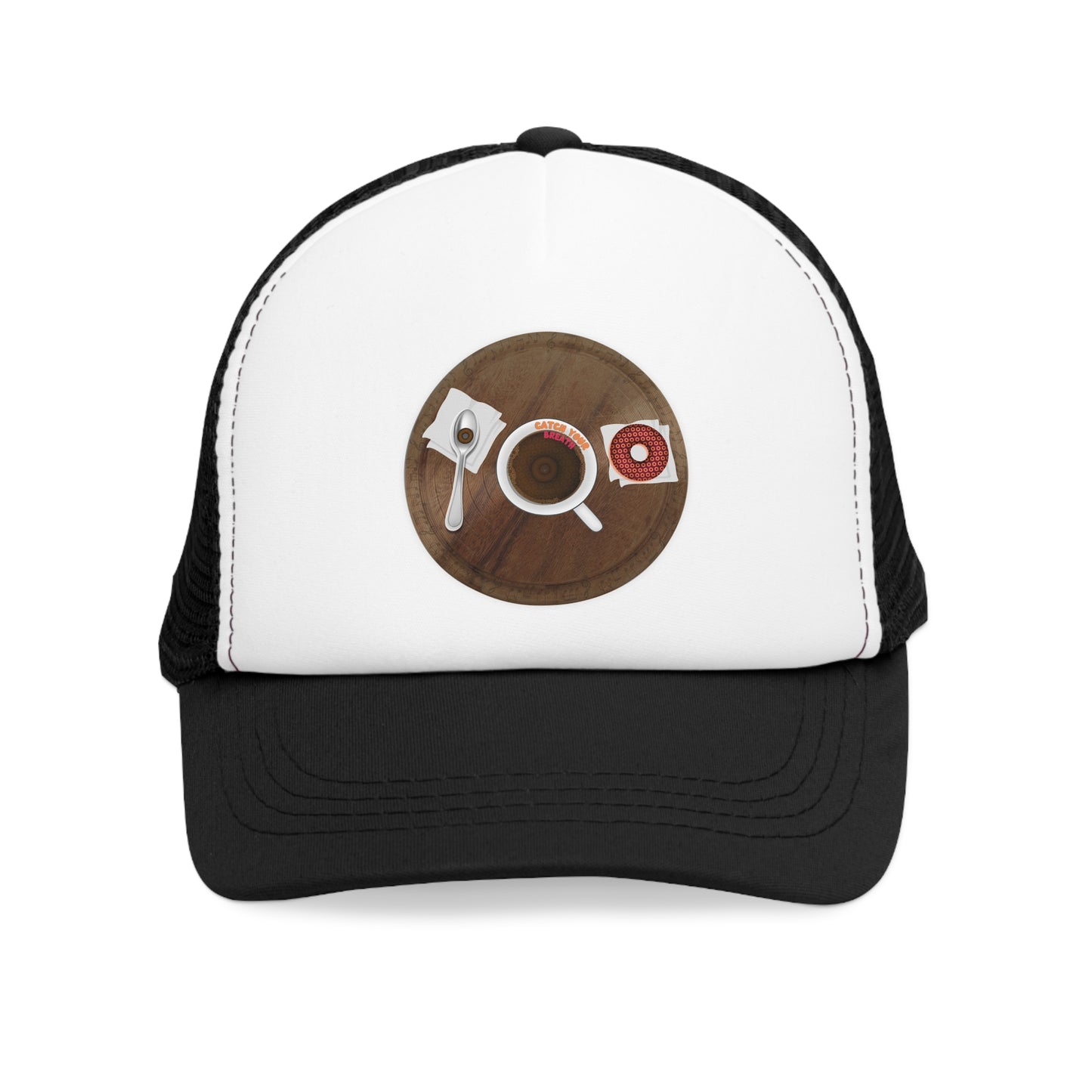 Lumpy Trucker Hat - "Donuts to Start Your Day" - wooden table/coffee cup - donuts in plain sight