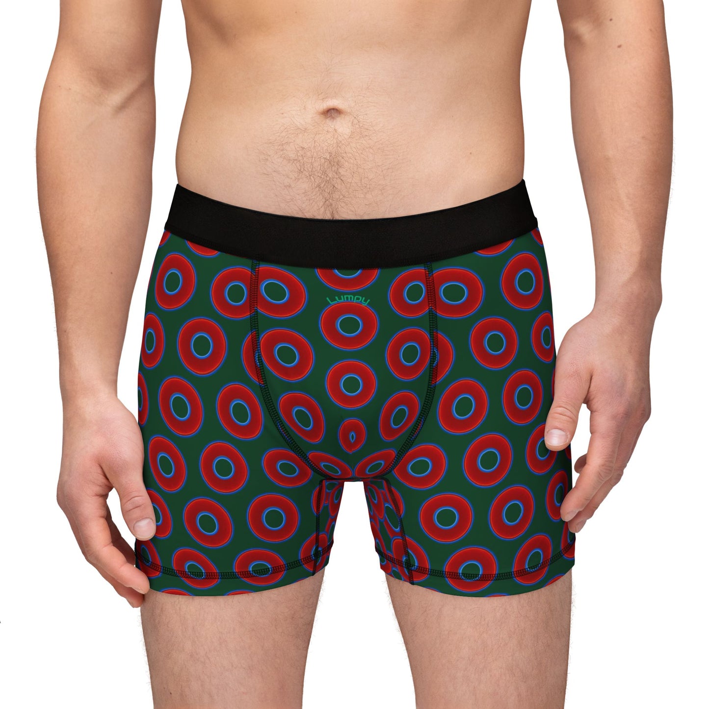 Men's Donut Boxers - red vivid donuts w/deep forest green background