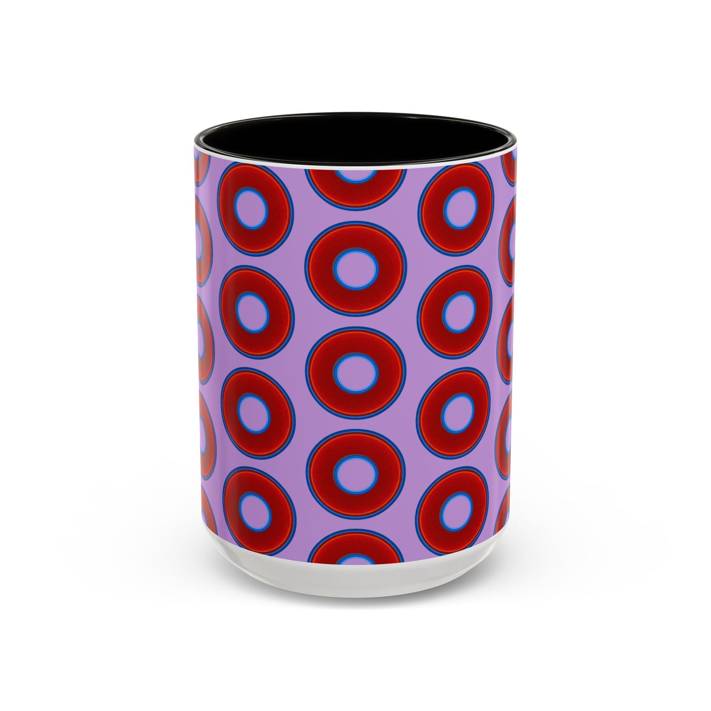 Lump's Grumpy Coffee Mug - vivid red donuts w/wisteria purple background