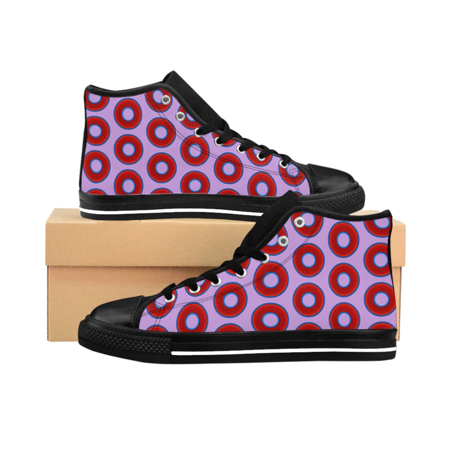 Cushiony Convectors - High Tops - red vivid donuts w/wisteria purple background