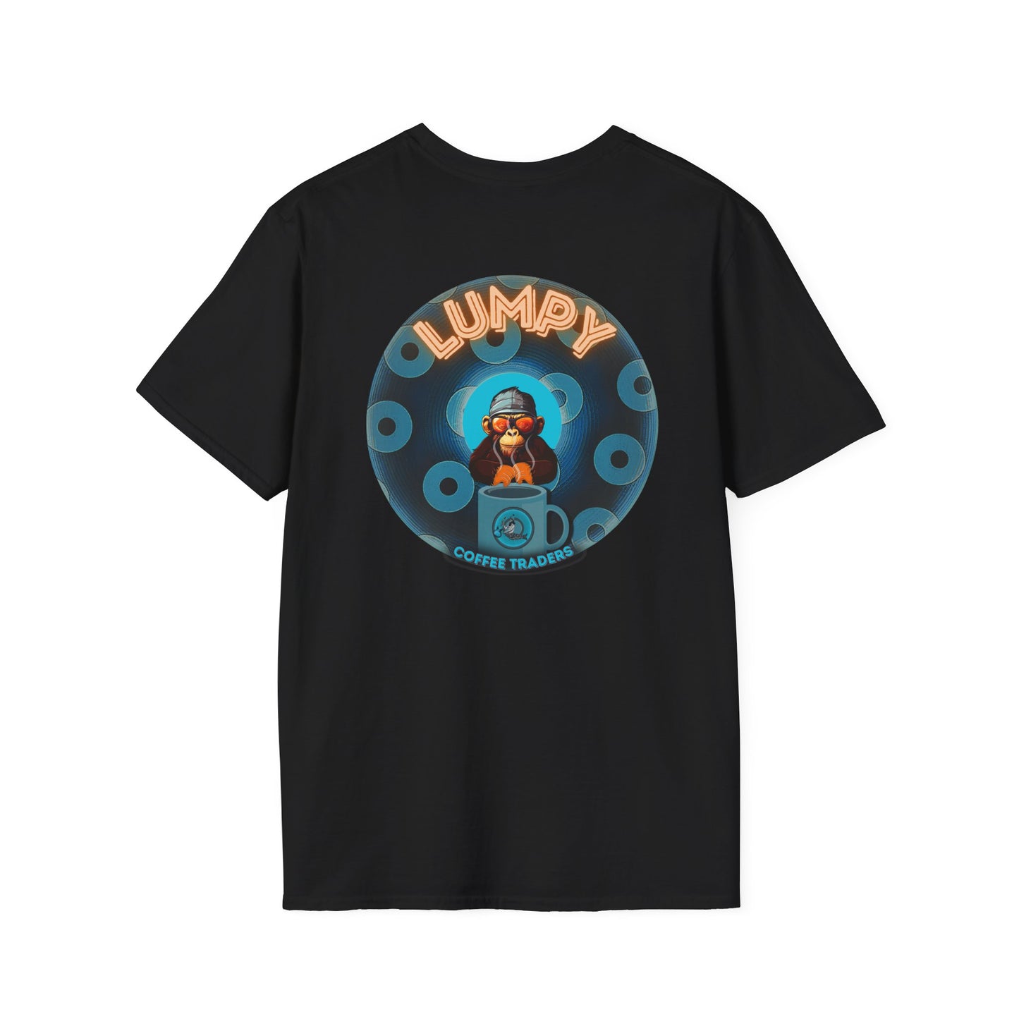 Lumpy Coffee Traders Tee - Unisex Soft-Style - "Good to Last Leaky Drop" - paradoxical donut - variant 2 - ocean donut front/logo back