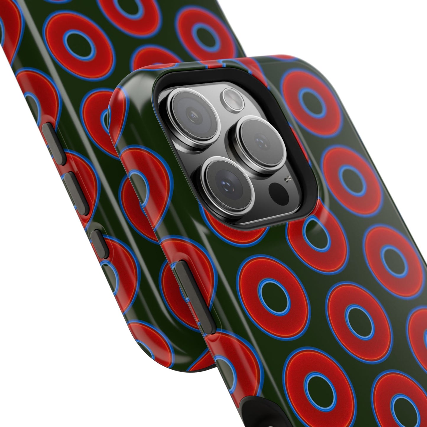 Impact-Resistant Lumpy Donut Case - red vivid donut print w/deep forest green background