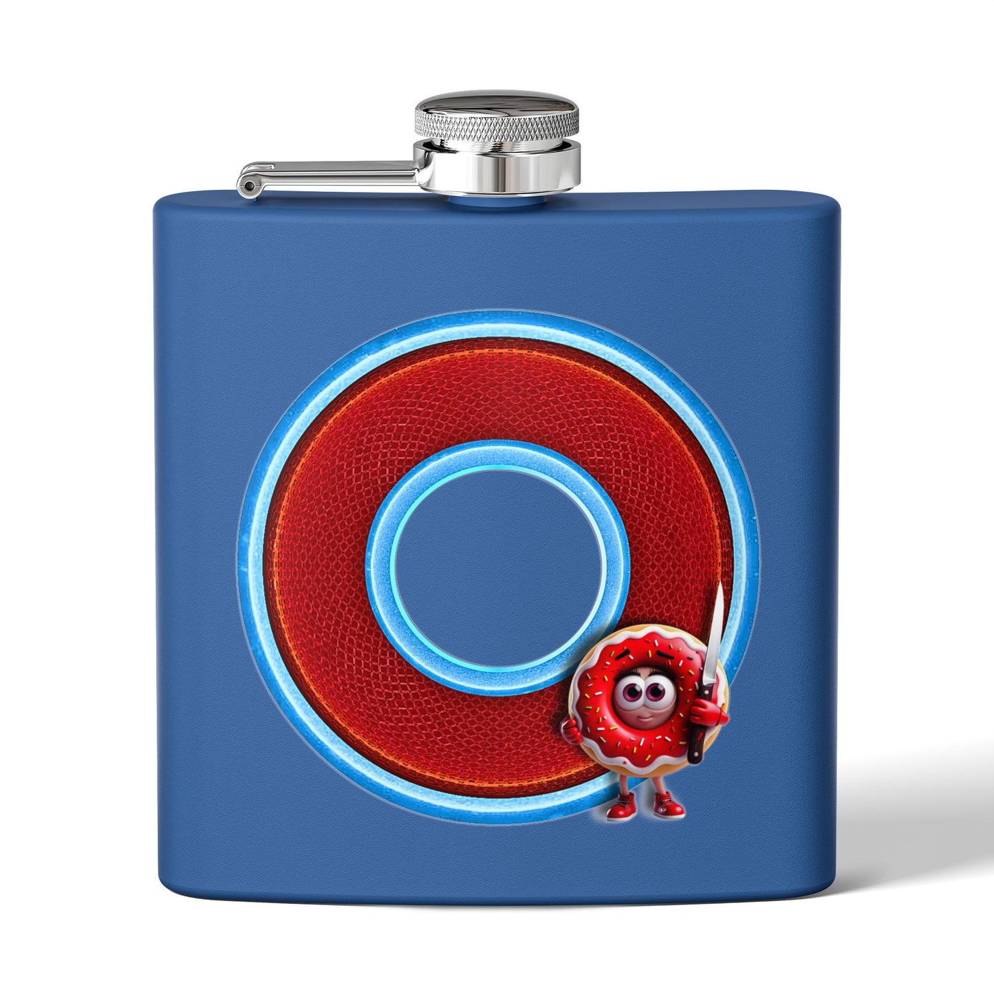 Lump's Donut Flask 6 oz -  "My Phriend, My Phriend the Donut's Flask" - red/light blue rustic donut - [*w/your choice of 6 backgrounds]