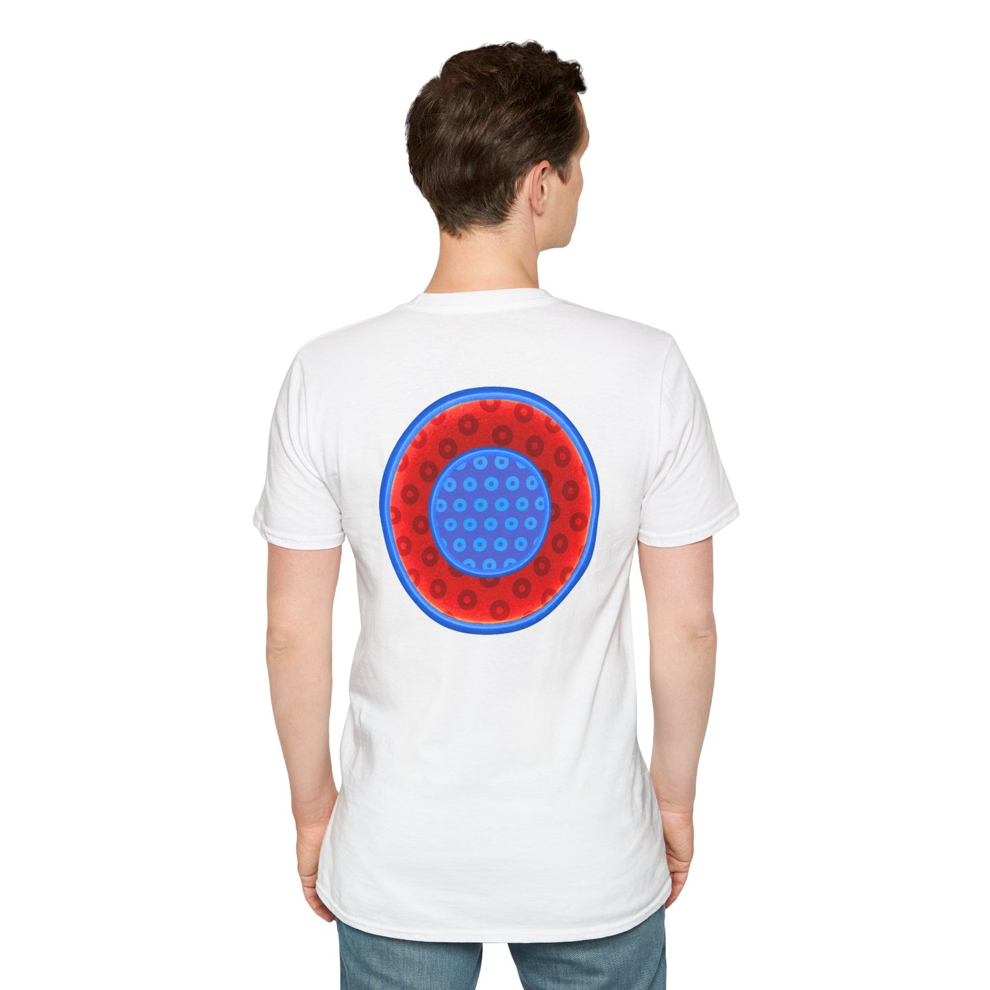 Classic Donut Tee - Unisex Soft-Style - "All You Can Eat Donut Platter" - red/blue paradoxical donuts