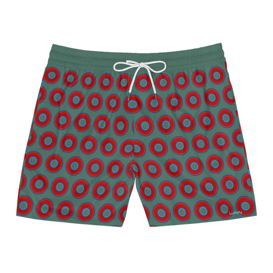 Men's Lumpy Swim Trunks - vivid red donut print w/Fenway green background