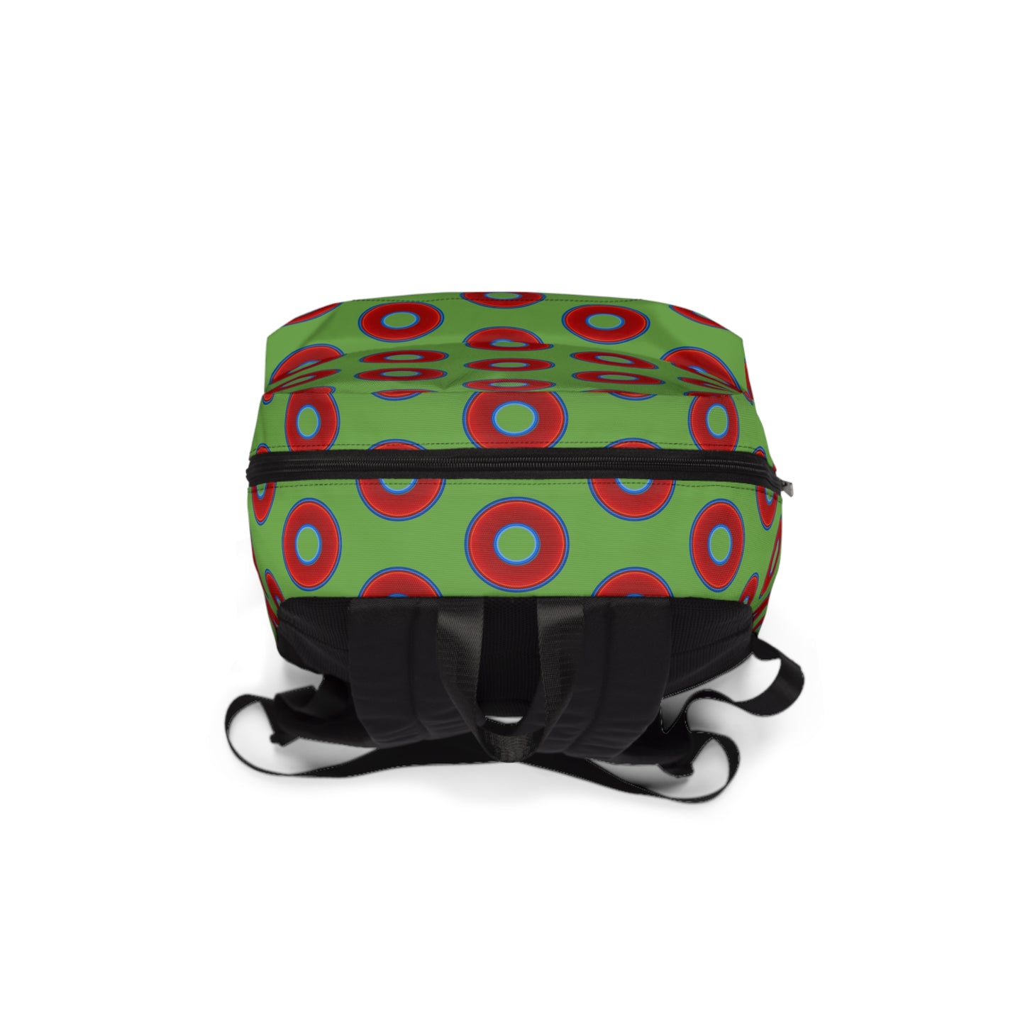 Donut Backpack - red vivid donuts w/light green background